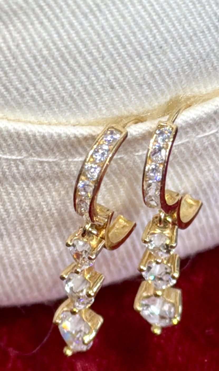 14K Yellow Gold CZ Huggie Hoop Dangle Earrings - photo 5