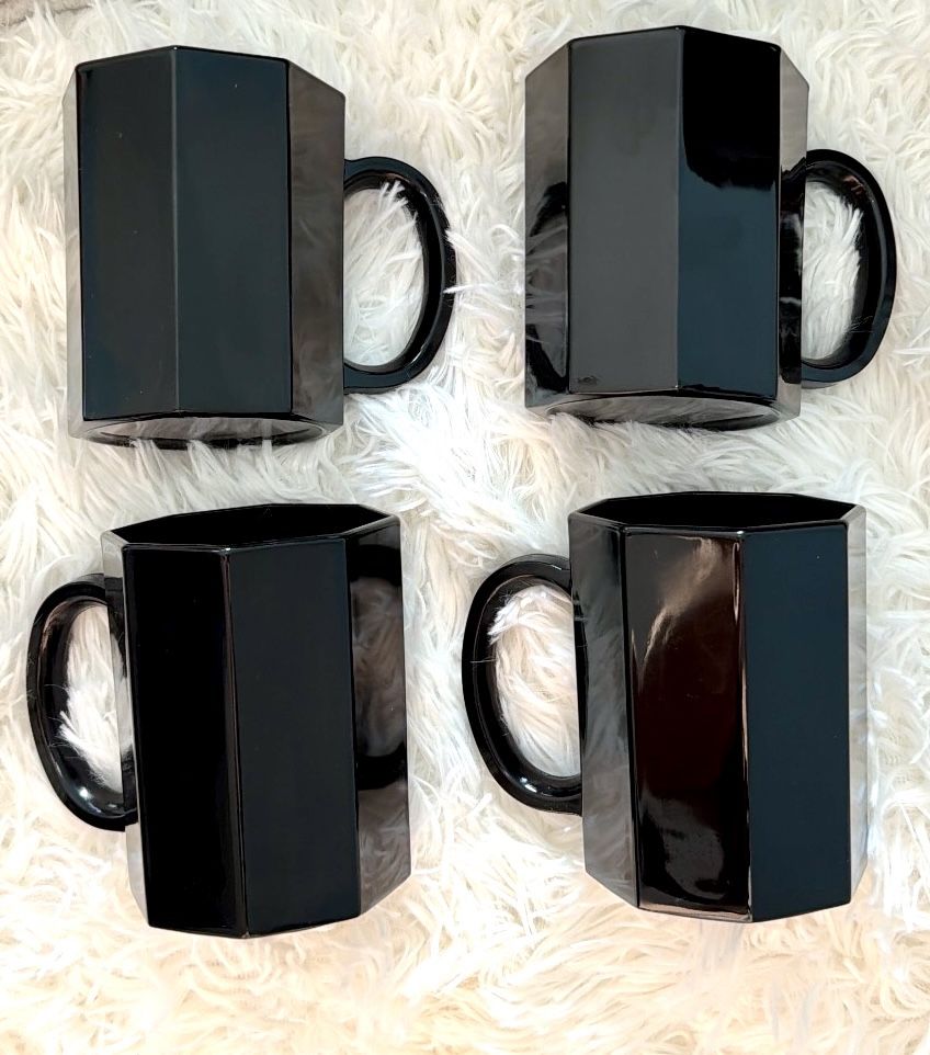 Arcoroc Octime Black Glass Mugs - Set of 4 (1980s, New)
