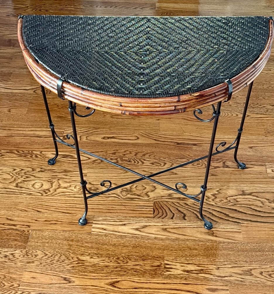Vintage Demi-Lune Wicker & Iron Console Table - photo 2