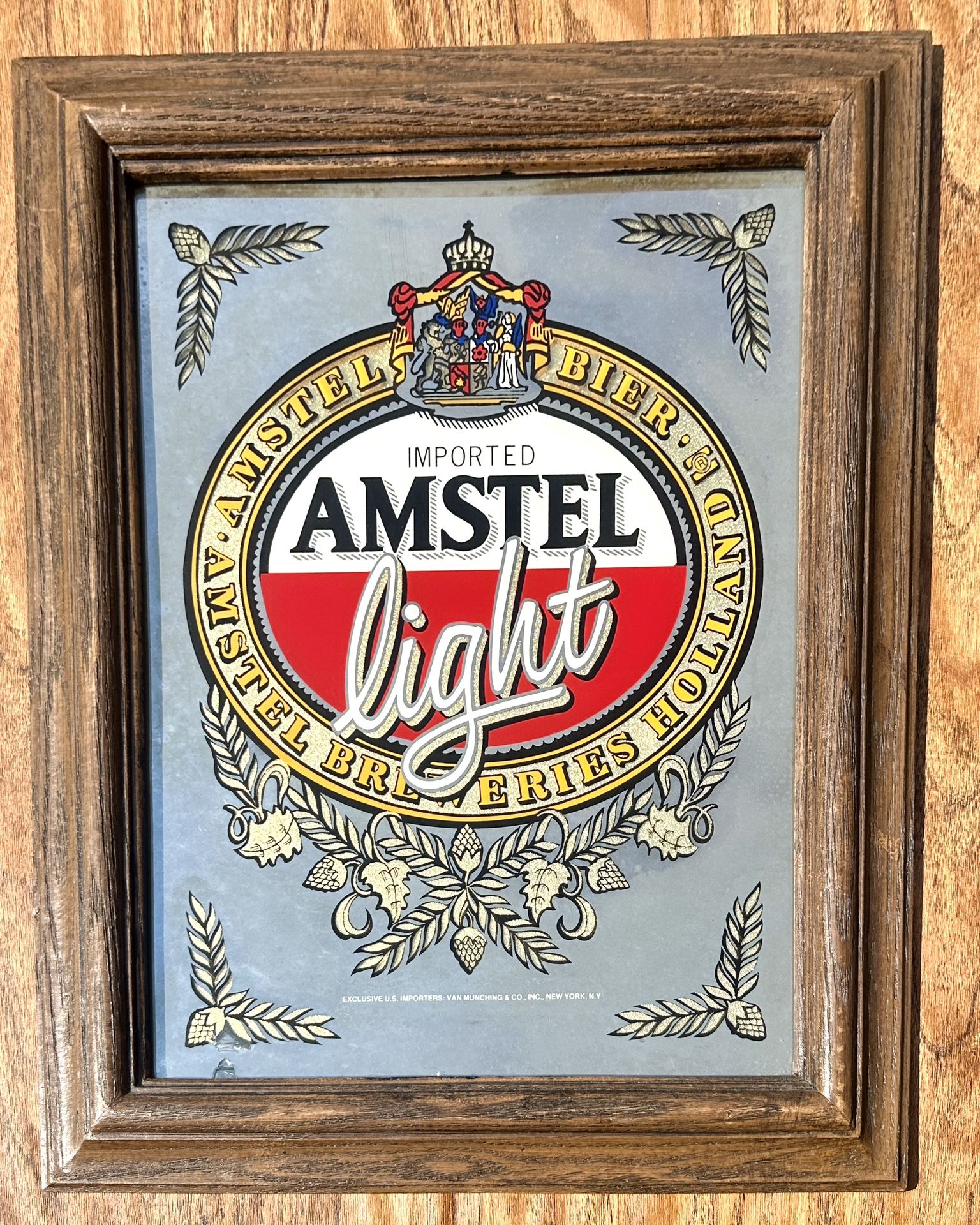 Amstel Light Mirror with Wood Like Frame - Vintage