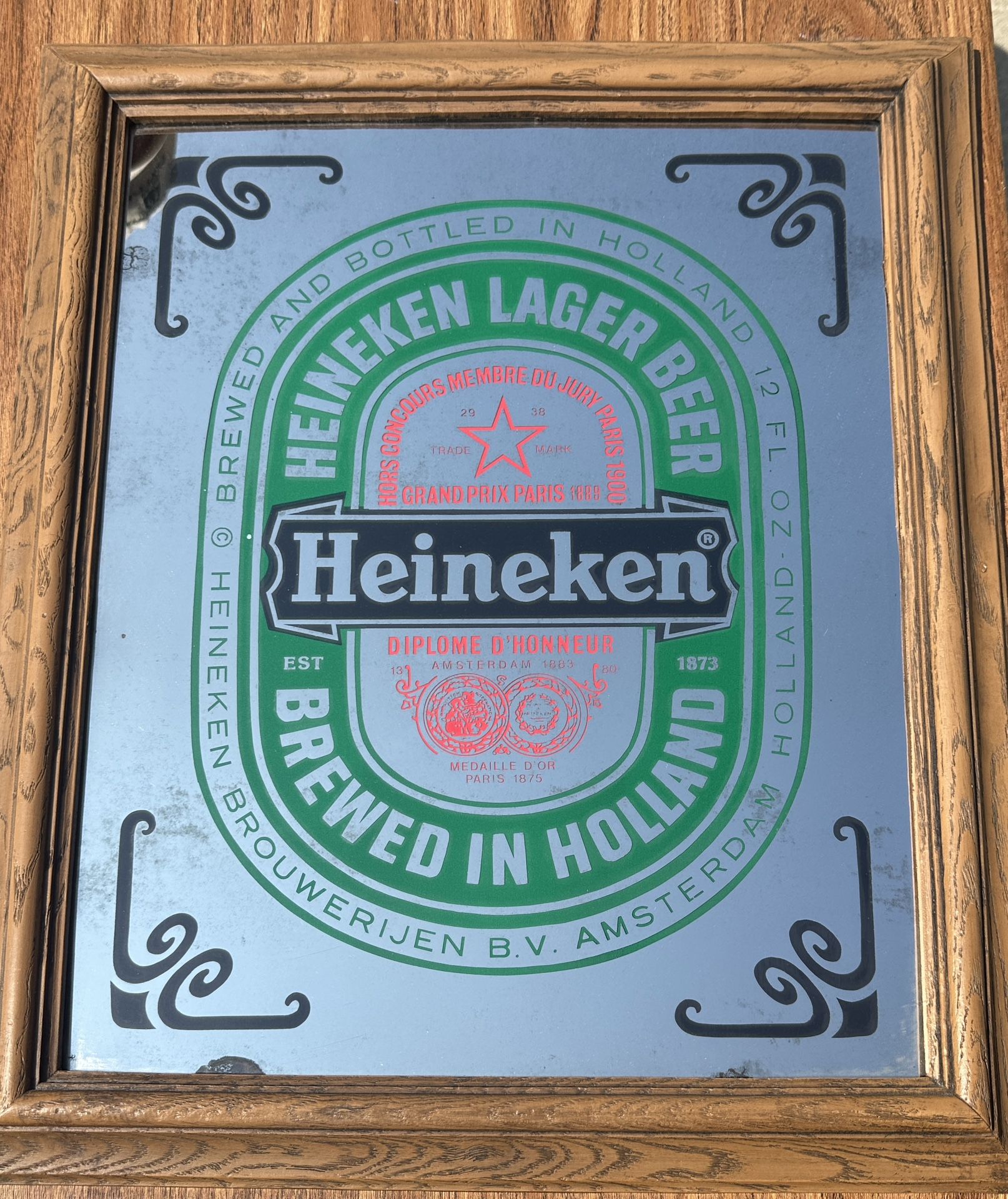 Heineken Beer Wall Mirror Vintage - Mirrored Wood-like Frame