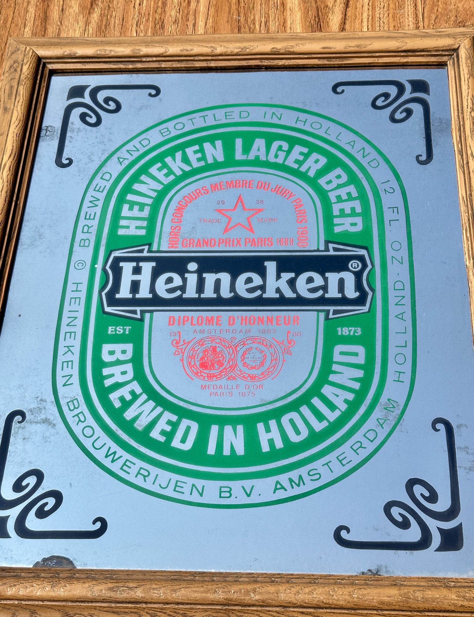 Heineken Beer Wall Mirror Vintage - Mirrored Wood-like Frame - photo 2