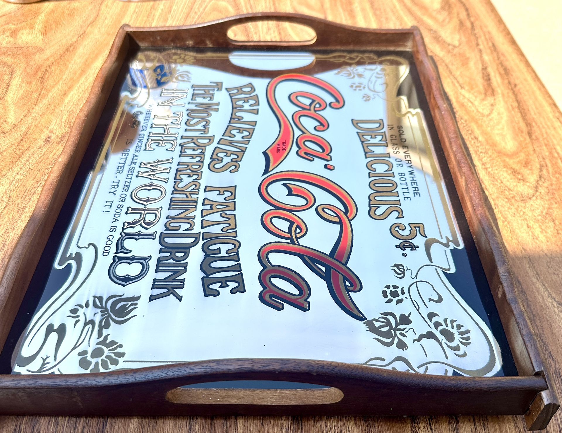 Coca-Cola Mirror Vintage 1970s Wooden Frame Handles - photo 2