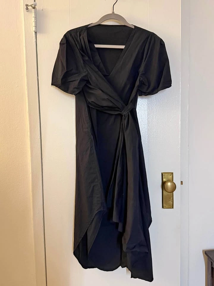 Black V-Neck Wrap Dress Short Sleeve Asymmetrical Hem