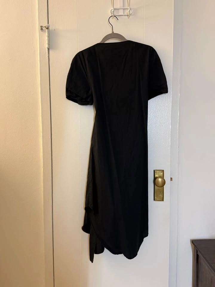 Black V-Neck Wrap Dress Short Sleeve Asymmetrical Hem - photo 4