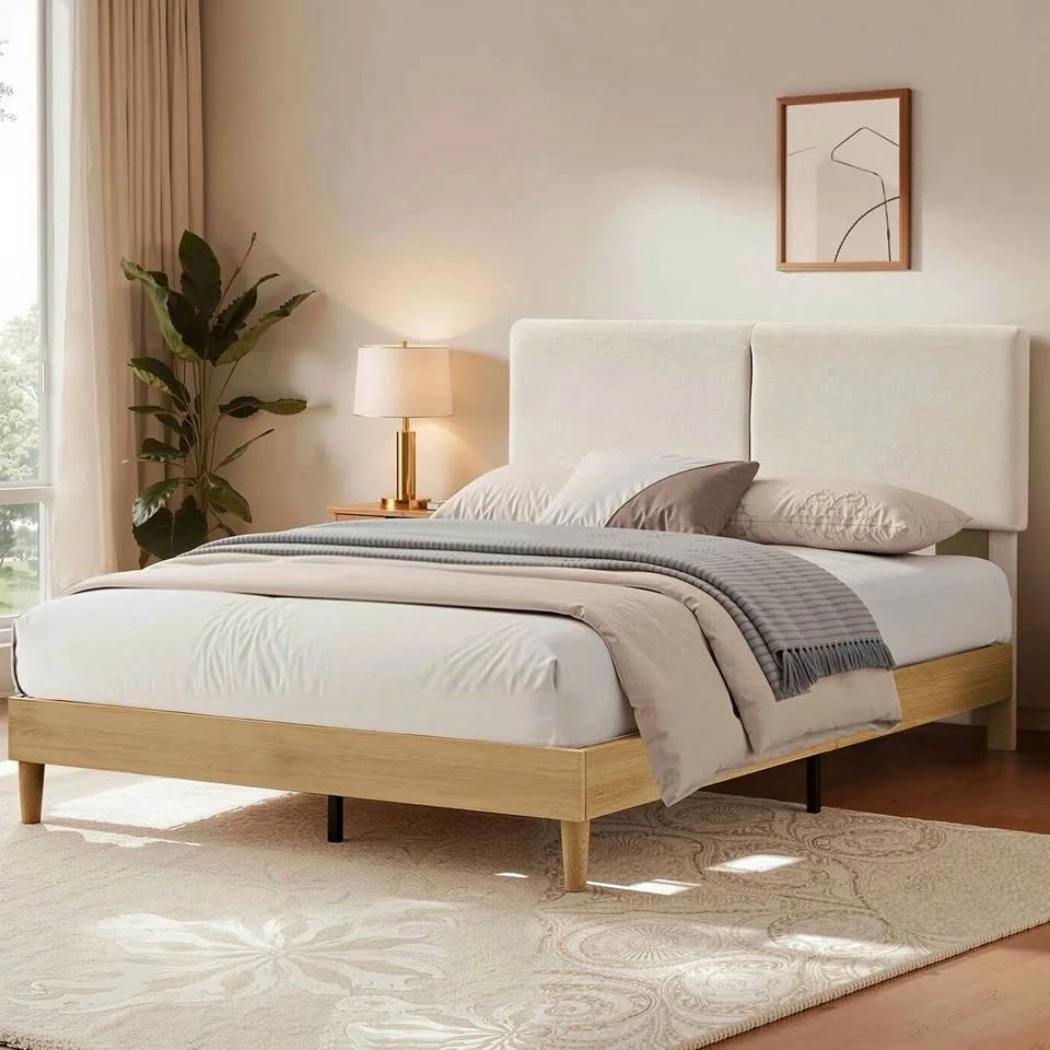 NEW Wooden Bed Frame QUEEN w/ Beige Upholstered Headboard VECELO