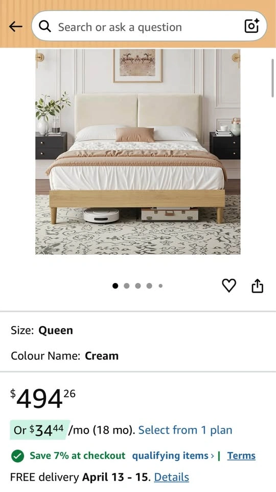 NEW Wooden Bed Frame QUEEN w/ Beige Upholstered Headboard VECELO - photo 2