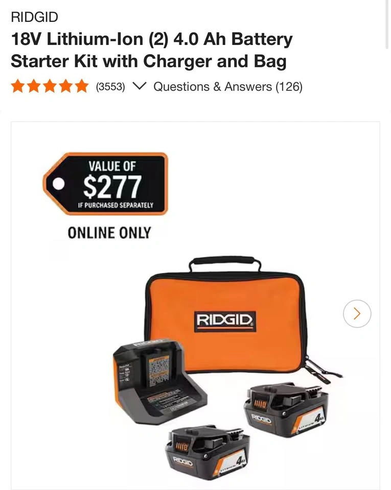 RIDGID 2x 4.0 Ah Battery Starter Kit w/ Charger & Bag - photo 2