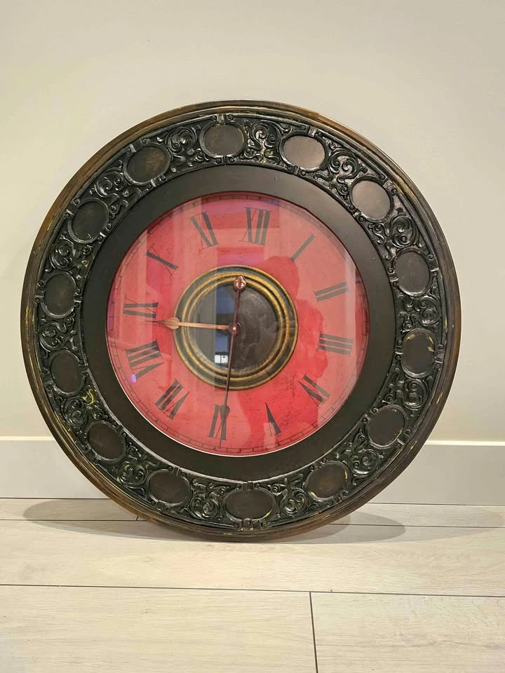 Vintage Wood Ornate Red Face Wall Clock - 31.5 inch diameter