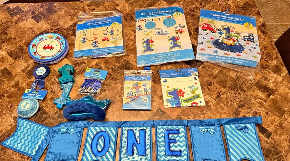 Blue 1st Birthday Transportation Theme Party Decoration Set