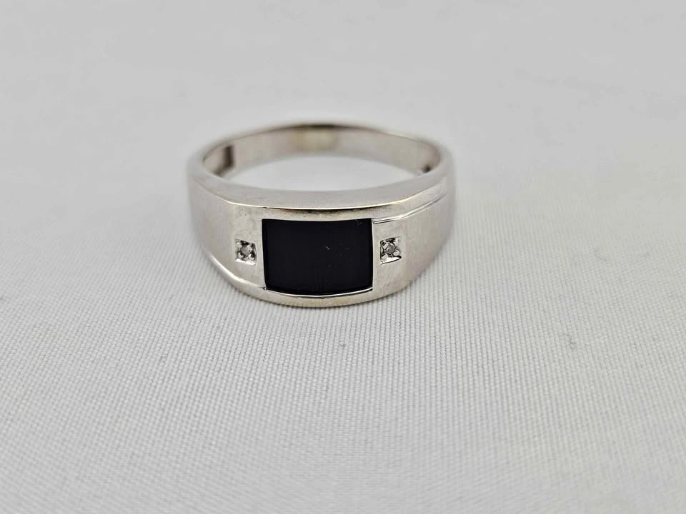 Men's 10k White Gold Black Onyx Ring with Natural Diamonds