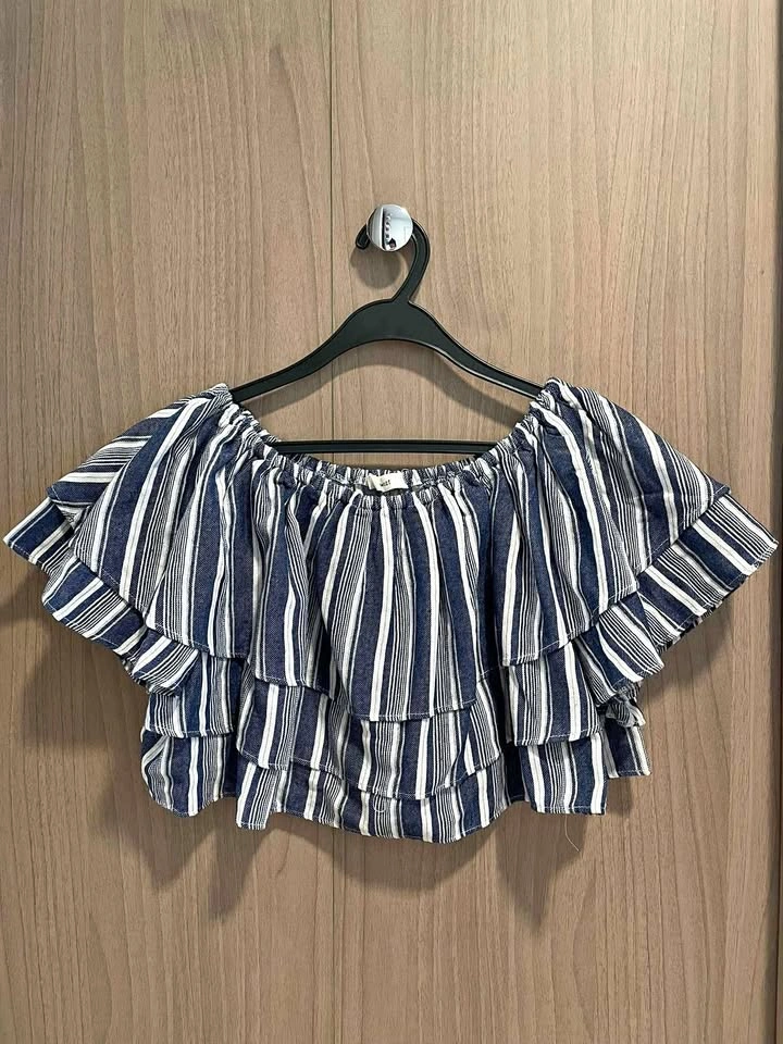 Blue White Stripe Ruffle Off Shoulder Top