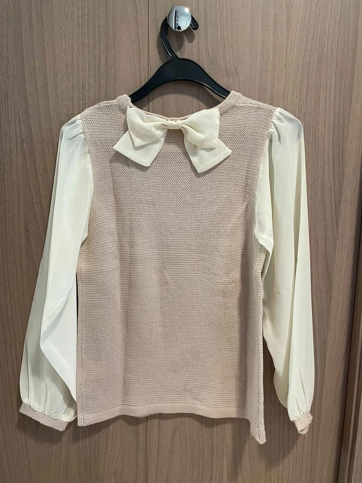 Knit Top Sheer Sleeves Beige - photo 2