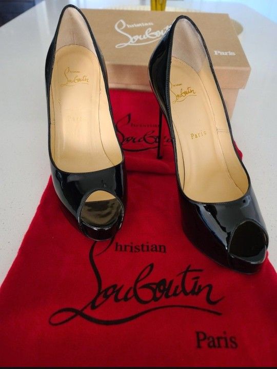 AUTHENTIC Louboutin Black Open Toe Shoes (Sz 37.5)