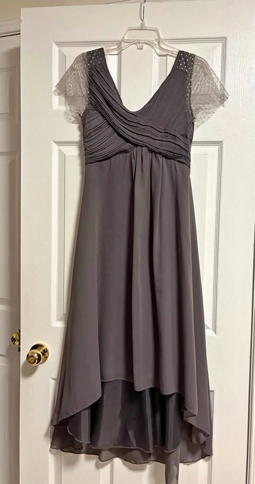 Dark Grey Formal Dress Sparkly Sleeves Ruched Bodice