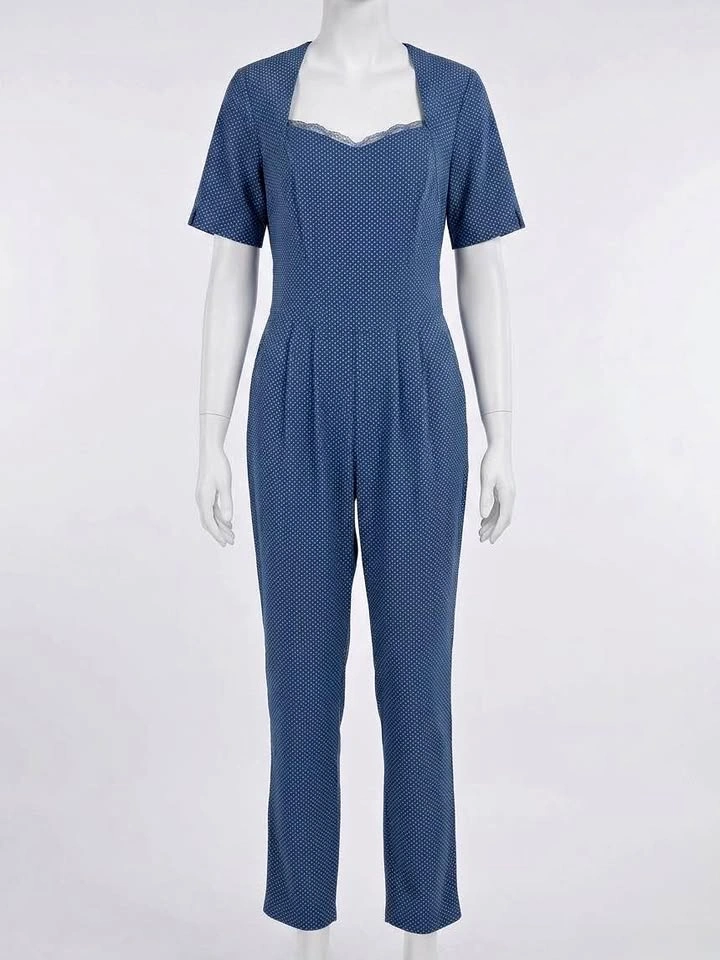 Vintage-Inspired Blue Polka Dot Jumpsuit | Square Lace Neckline