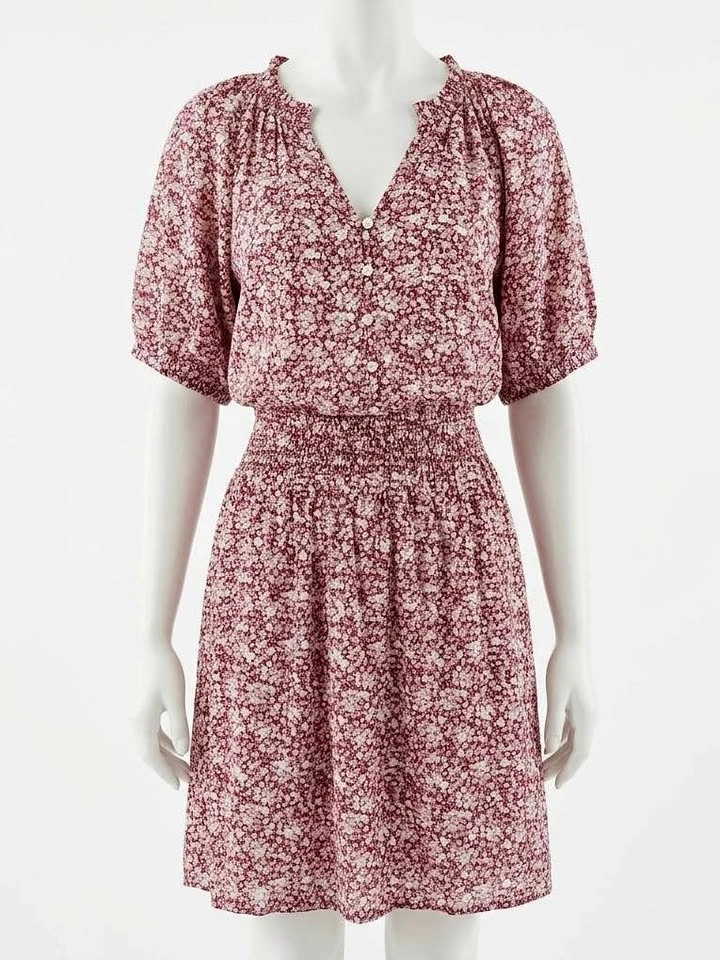 GAP Floral Smocked Waist Mini Button Dress Red Pink White Puff S