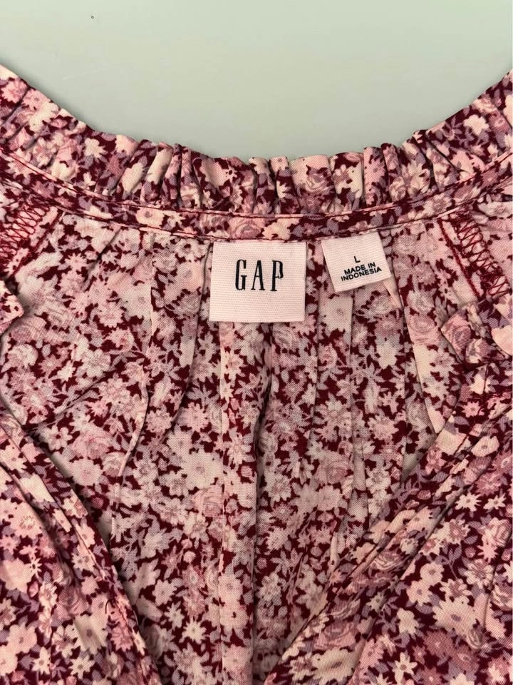 GAP Floral Smocked Waist Mini Button Dress Red Pink White Puff S - photo 2