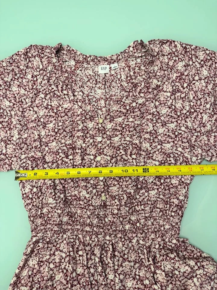 GAP Floral Smocked Waist Mini Button Dress Red Pink White Puff S - photo 4