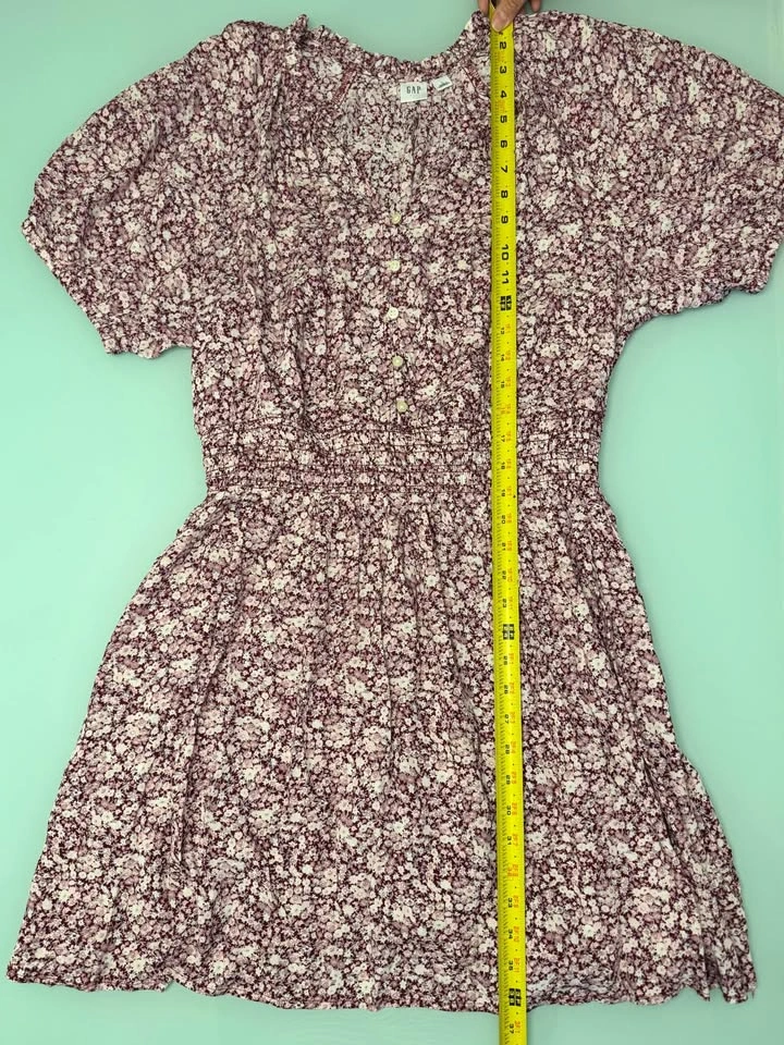 GAP Floral Smocked Waist Mini Button Dress Red Pink White Puff S - photo 5