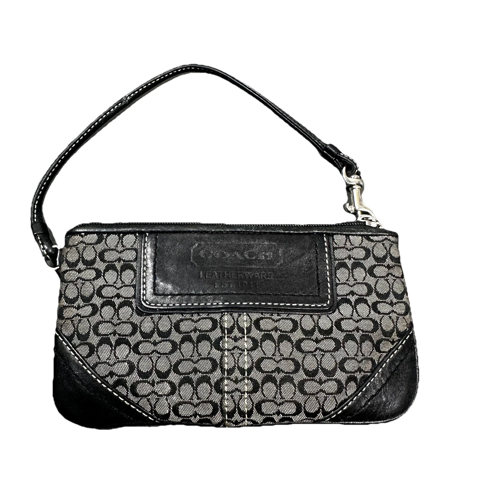COACH Signature C Jacquard Wristlet Black & Grey Leather Trim