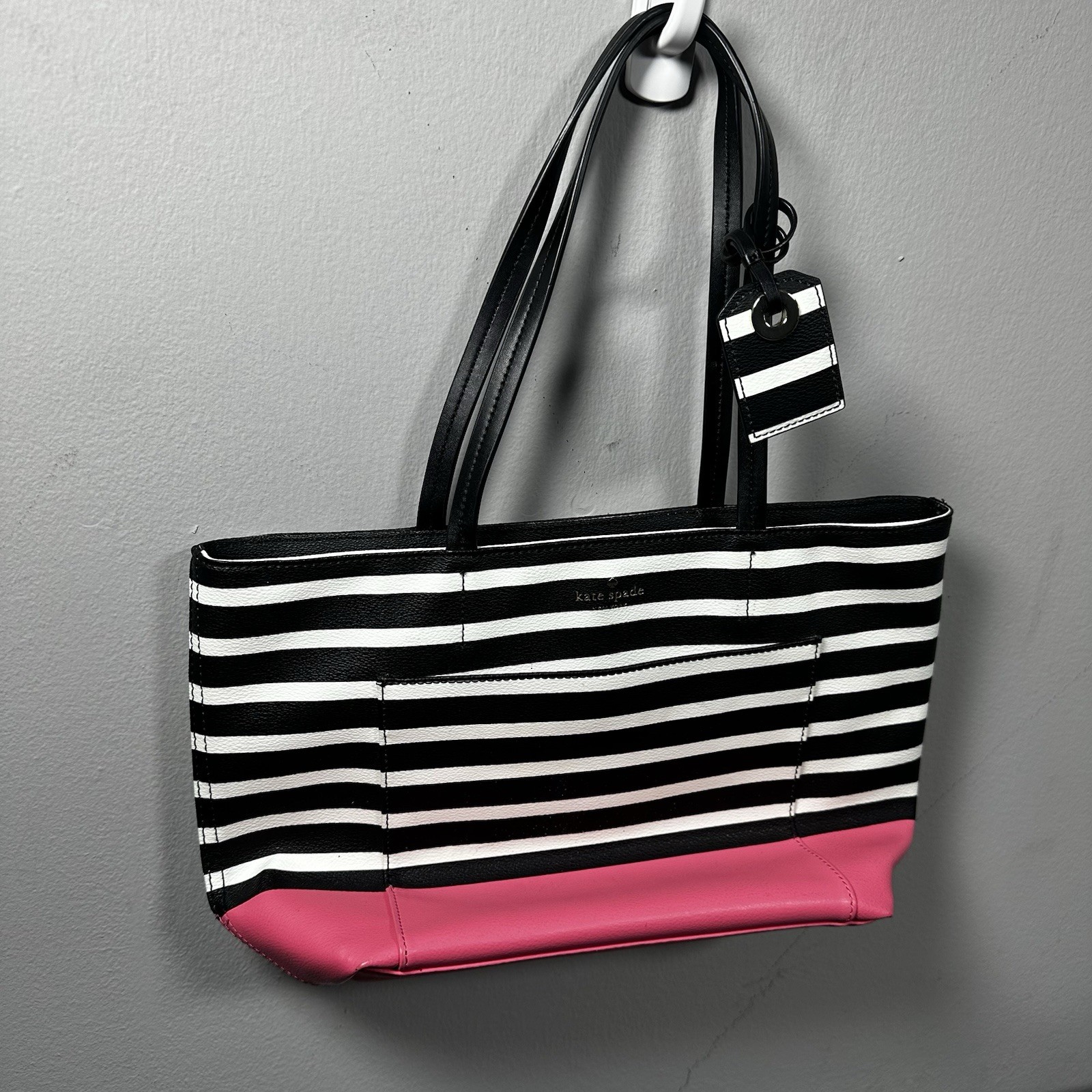 Kate Spade Black & White Striped Tote Bag Pink Bottom Leather Sh