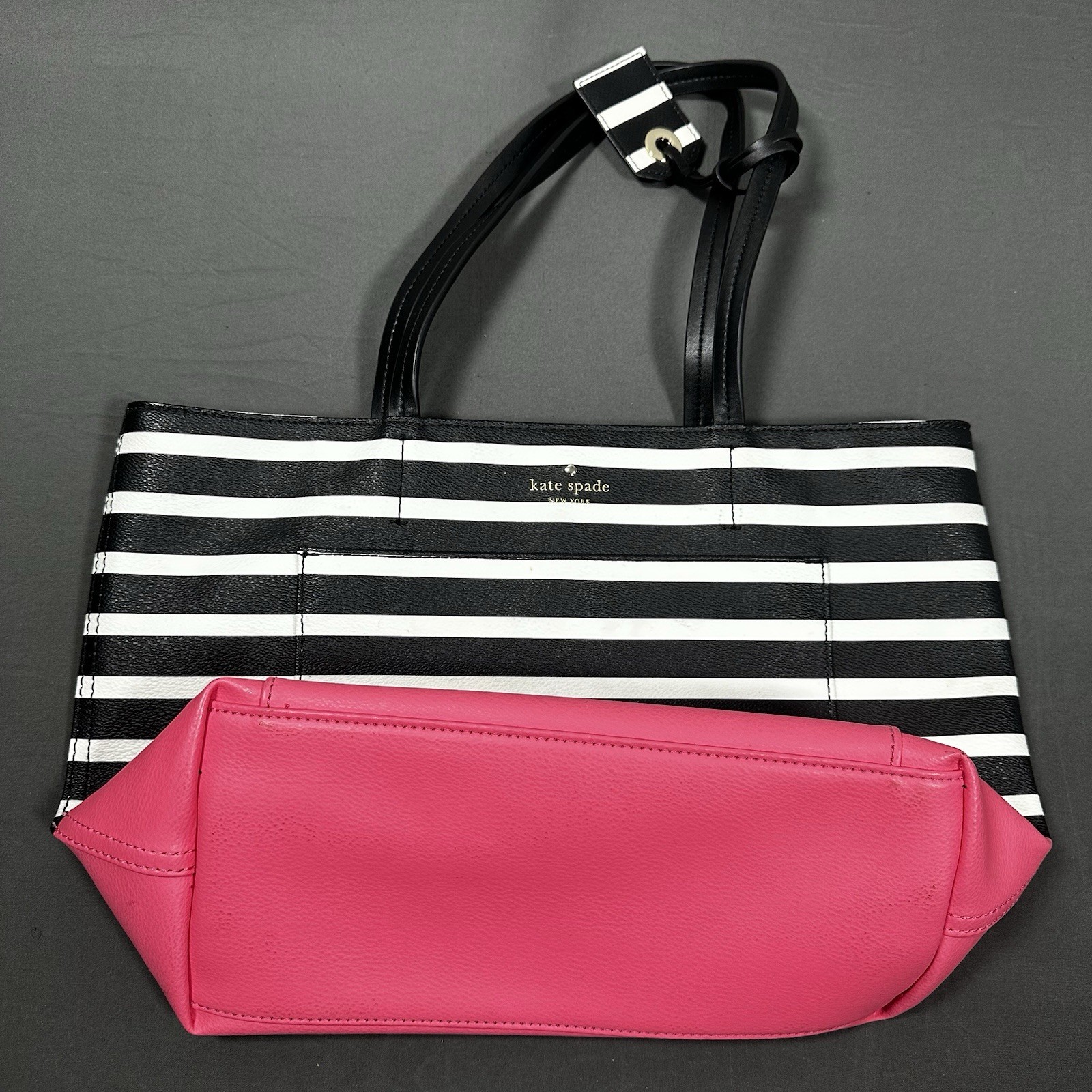 Kate Spade Black & White Striped Tote Bag Pink Bottom Leather Sh - photo 2