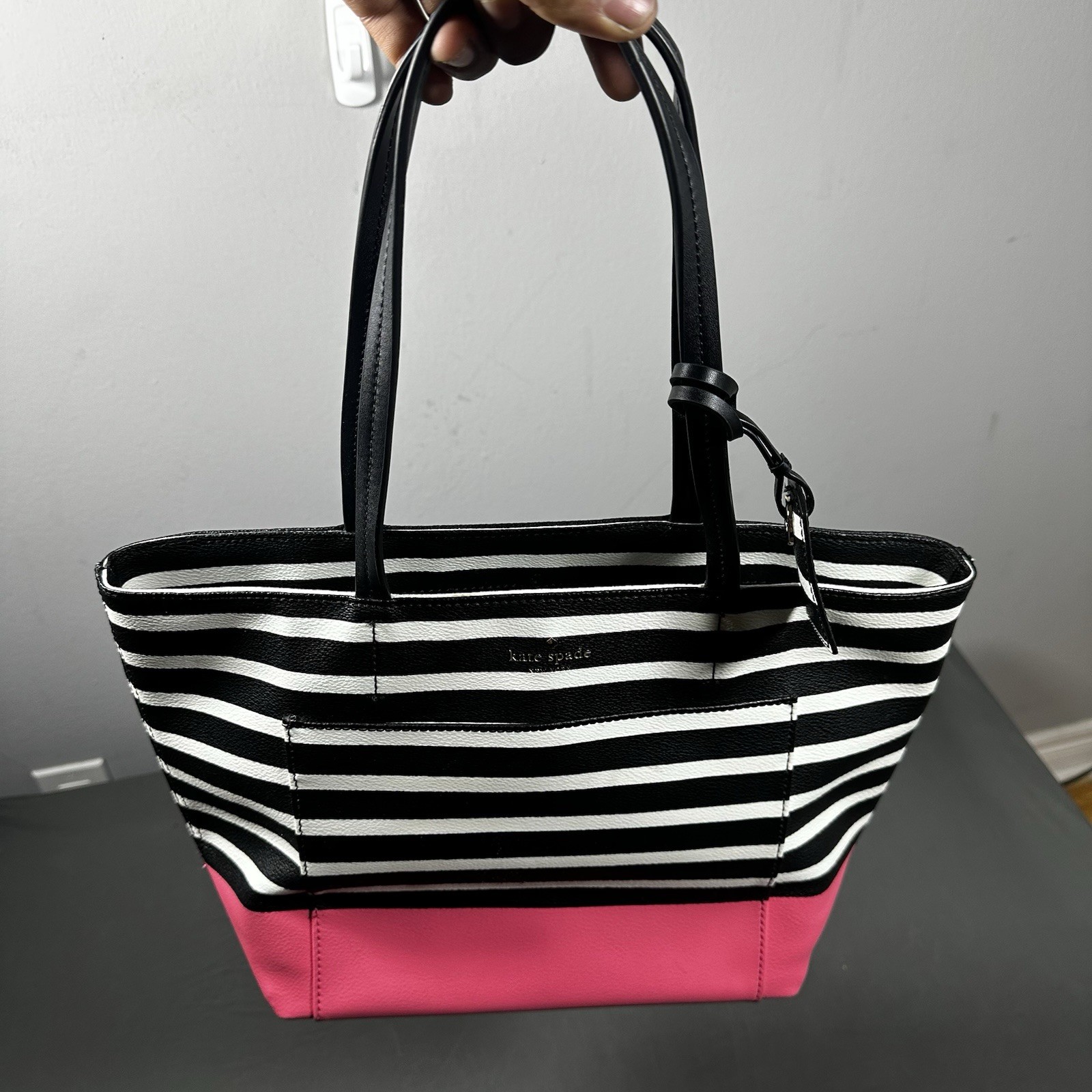 Kate Spade Black & White Striped Tote Bag Pink Bottom Leather Sh - photo 3
