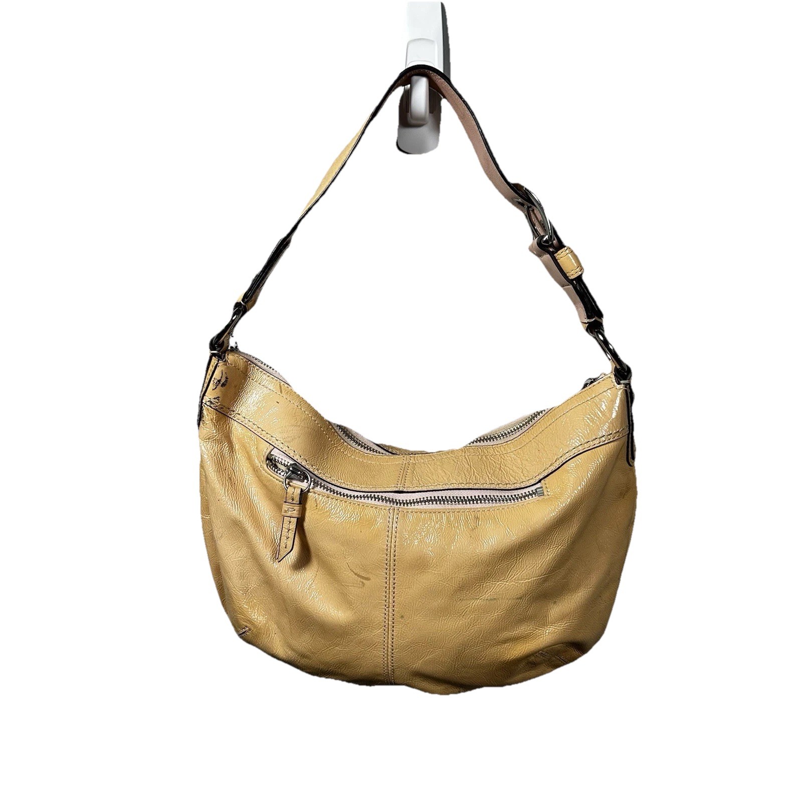 Coach Yellow Leather Hobo Bag Silver Hardware Pleated Front Shou