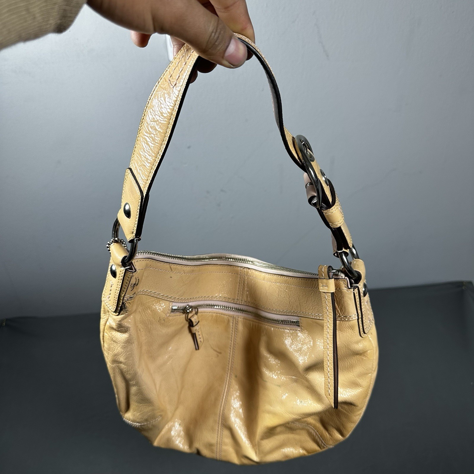 Coach Yellow Leather Hobo Bag Silver Hardware Pleated Front Shou - photo 3