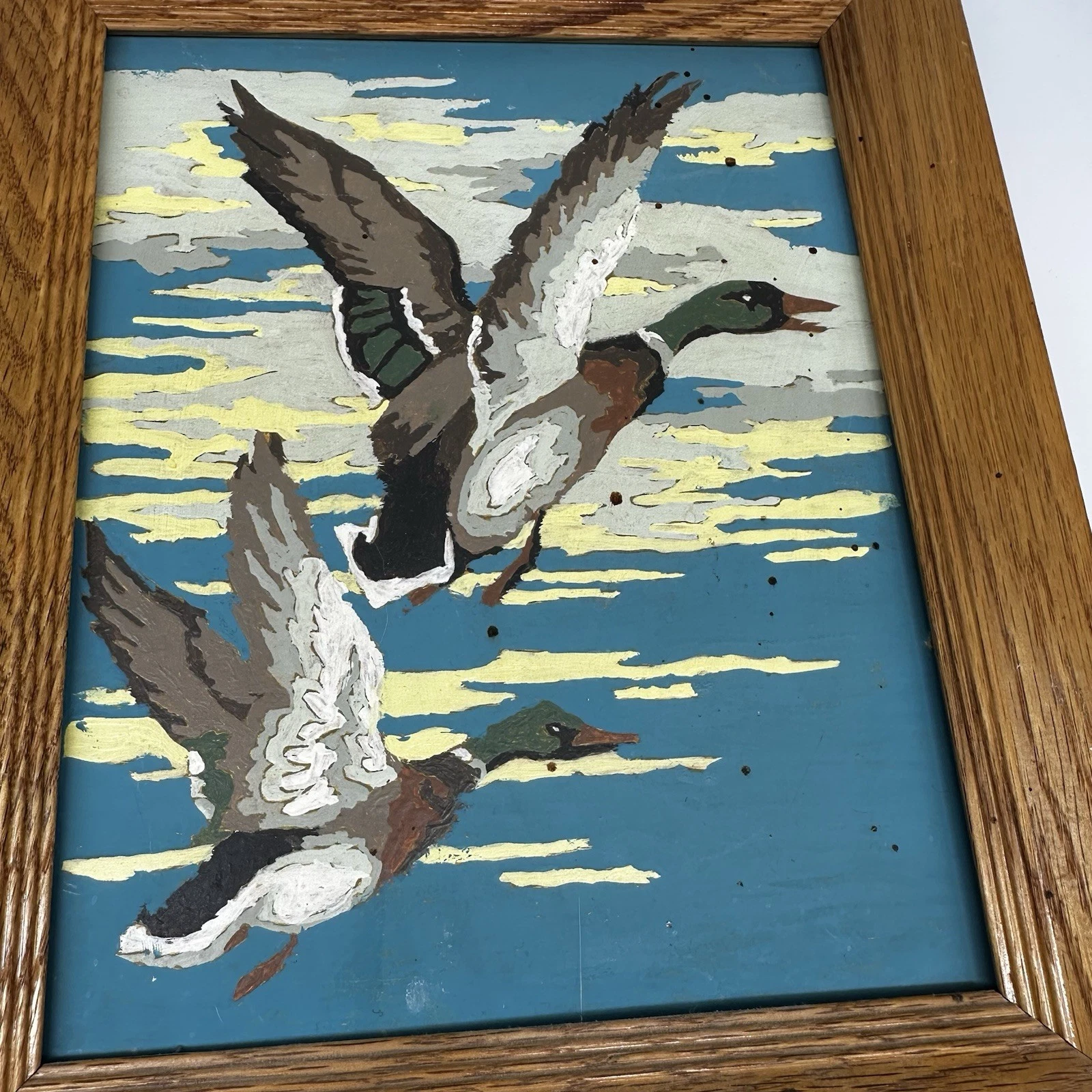 Vintage Hand Painted Mallard Ducks Flying Folk Art Framed - photo 2