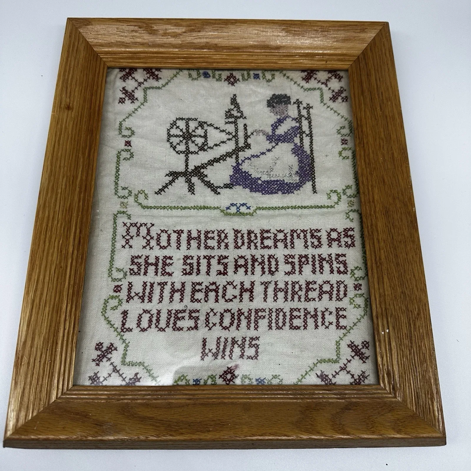 Vintage Framed Cross Stitch Sampler "Mother Dearest She Sits and