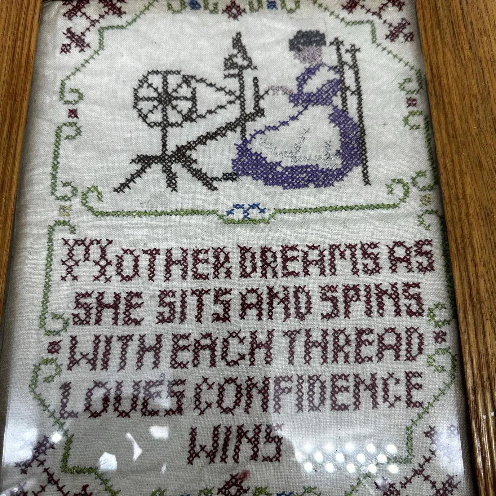 Vintage Framed Cross Stitch Sampler "Mother Dearest She Sits and - photo 2