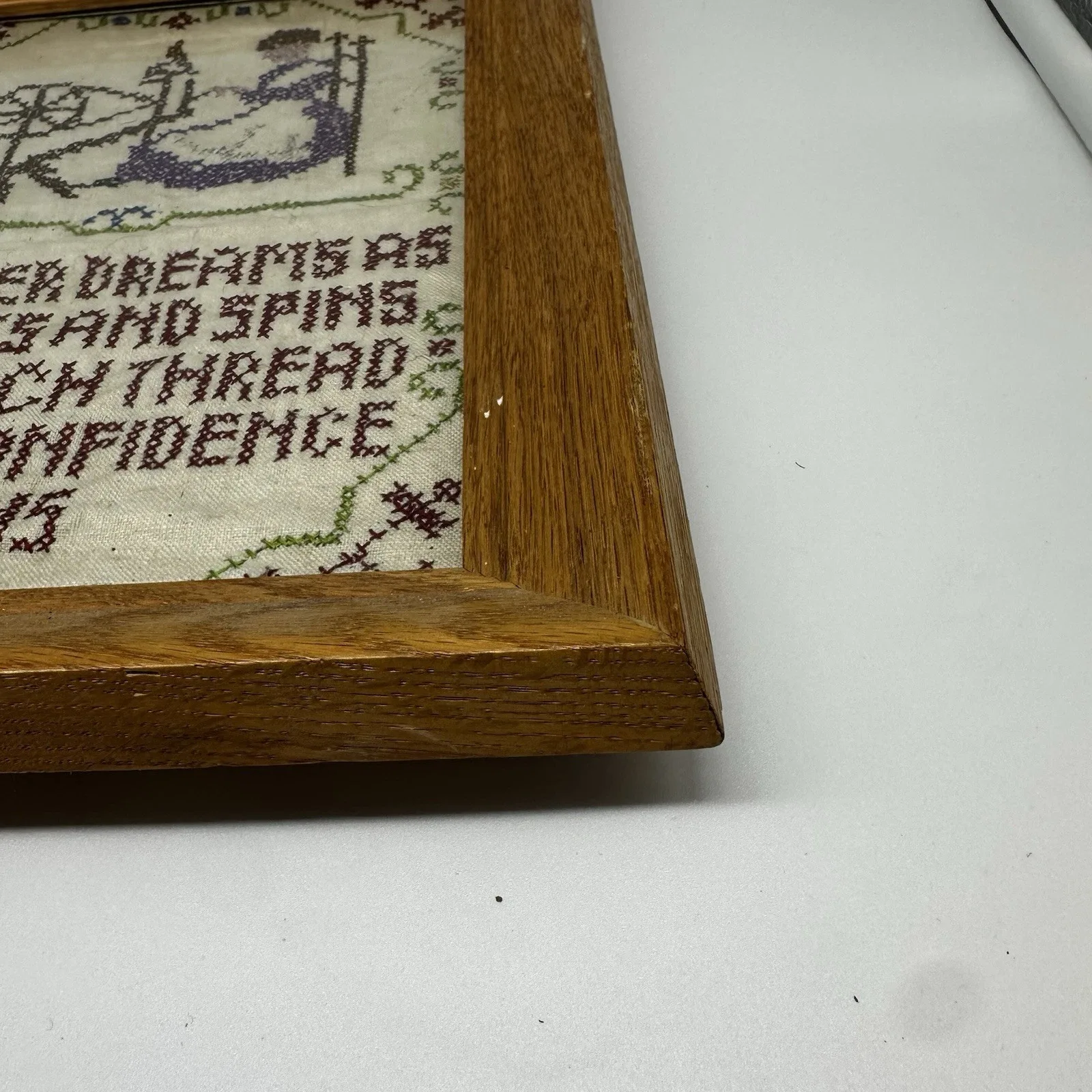 Vintage Framed Cross Stitch Sampler "Mother Dearest She Sits and - photo 5