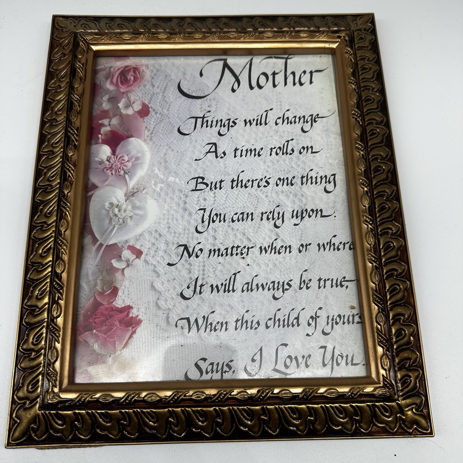 Mother Poem Framed Wall Art Floral Hearts Gold Ornate Frame Vint