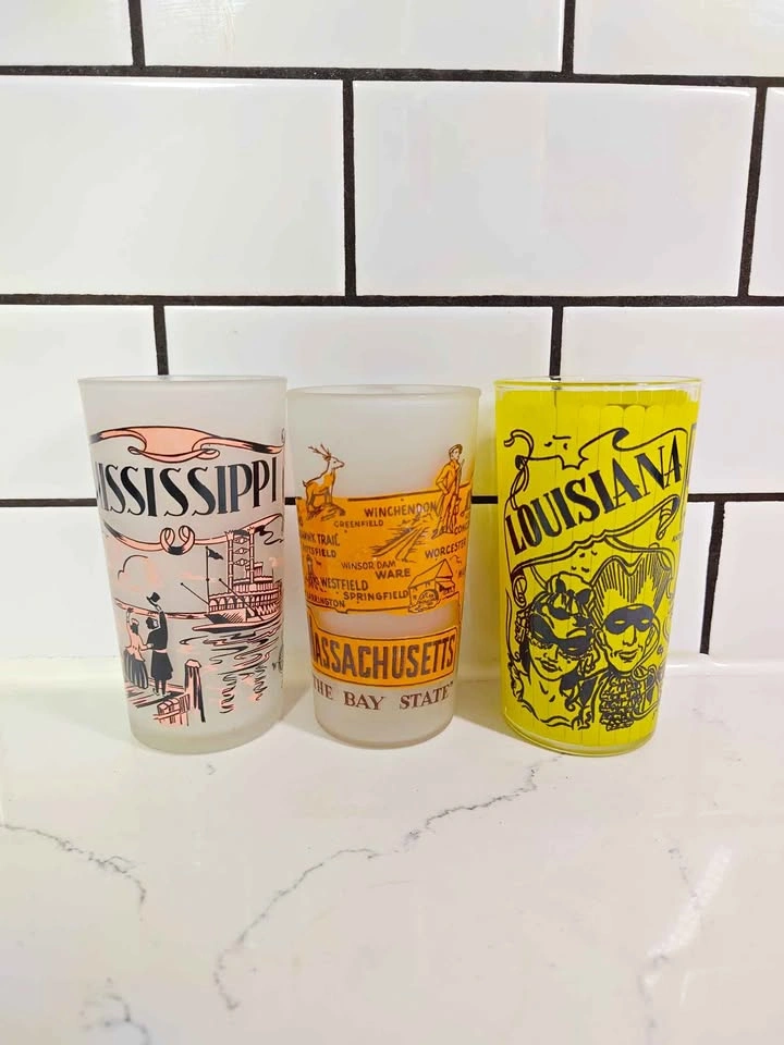 Vintage 60's Tourist Souvenir Frosted Glass Tumblers x3