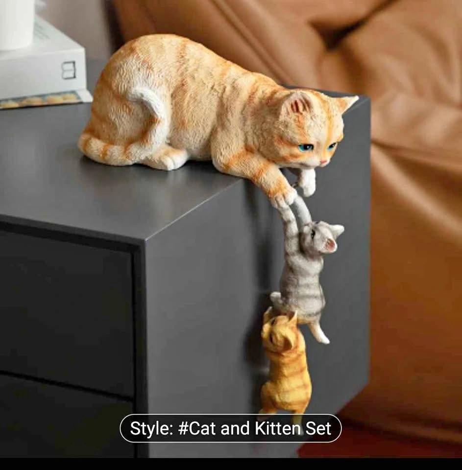 Set of 3 Cat Family Figurines - Adorable Resin Cat Ornaments