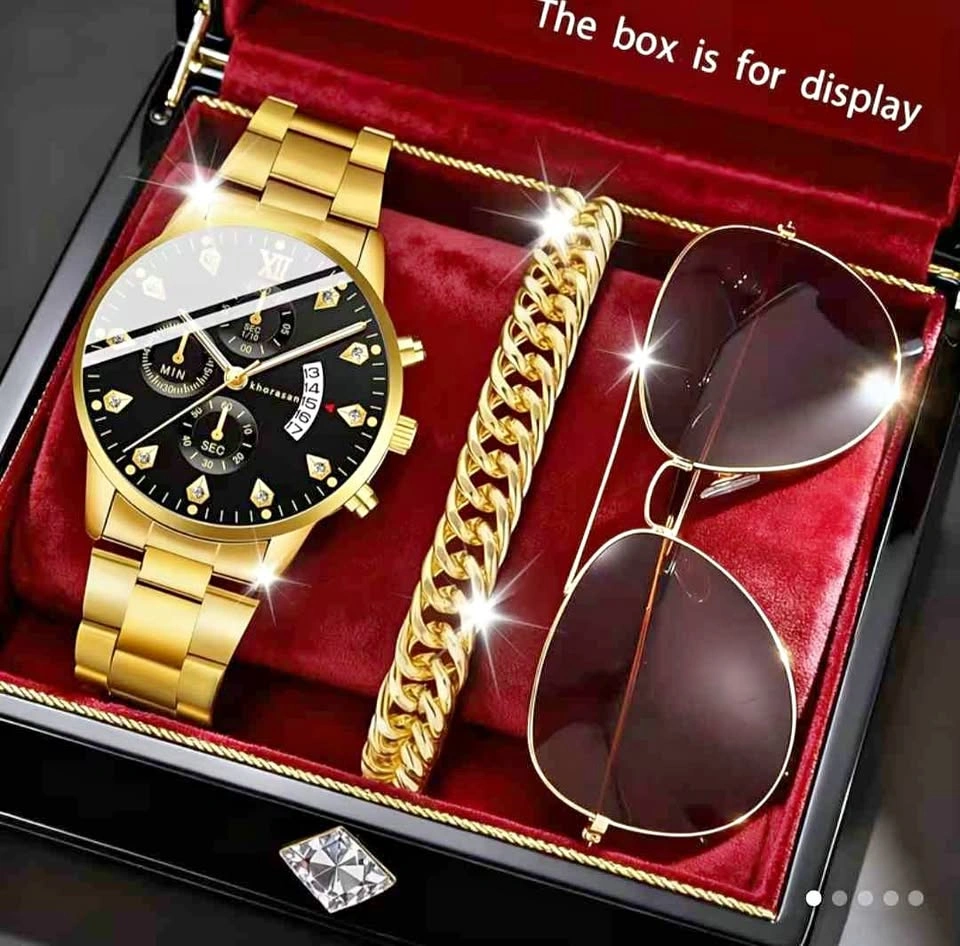 Set of 3: Golden Watch, Bracelet, Glasses