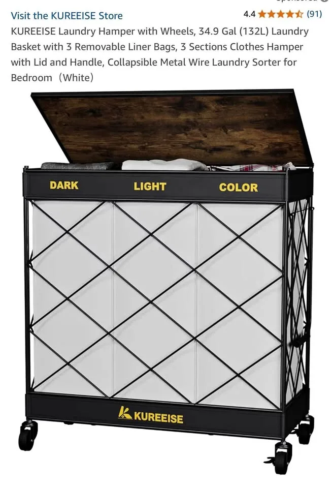 Kureeise Laundry Hamper with Wheels & 3 Liner Bags (132L) thumbnail