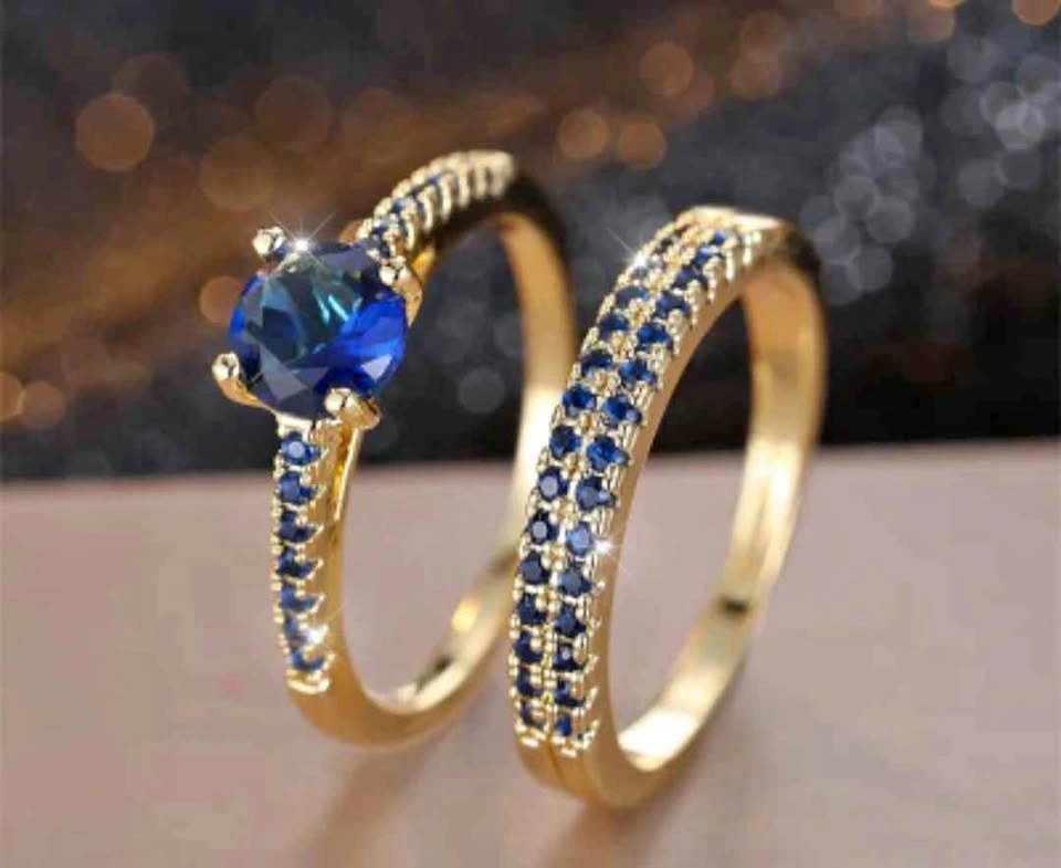 Luxury Golden Blue Stone Ring Set - Size 8