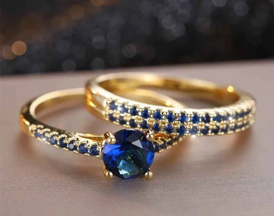 Luxury Golden Blue Stone Ring Set - Size 8 - photo 2