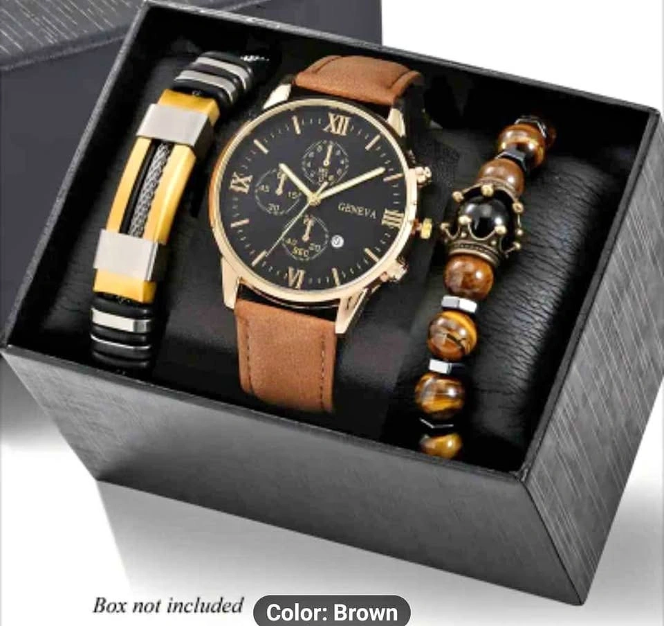 3pcs Men's Fashion Business Watches Set - Brown Watch & Bracelet