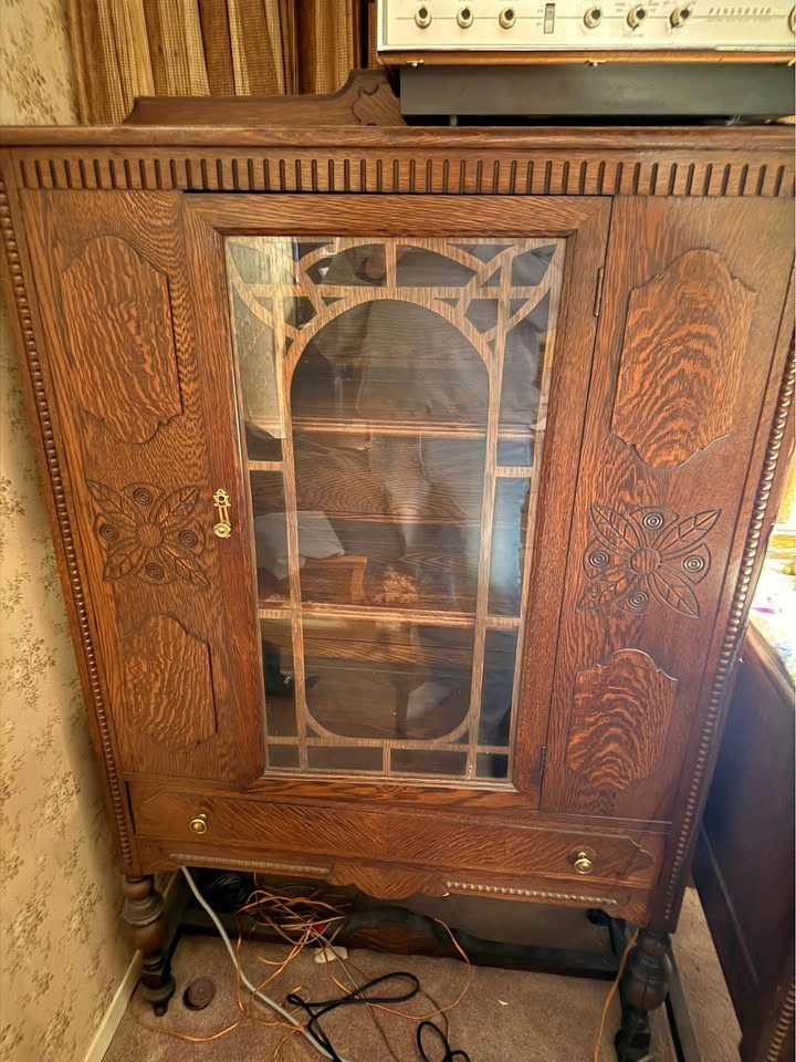Antique Oak Wood Display Cabinet w Glass Door
