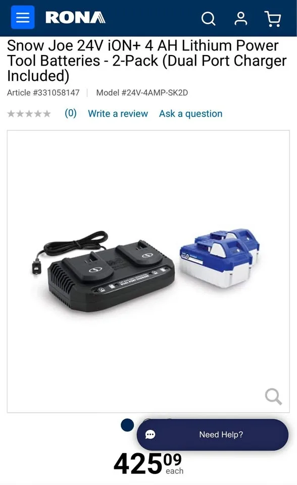 New in box 2 SnowJoe 24v batteries and dual port charger thumbnail
