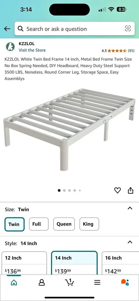 New Kzzlol White Twin Metal Bed Frame 14 inch thumbnail