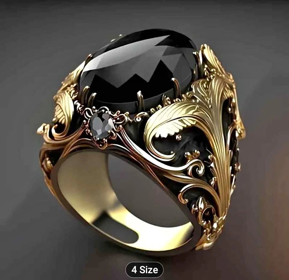 Premium Golden Men'S Ring Synthetic Oval Carved