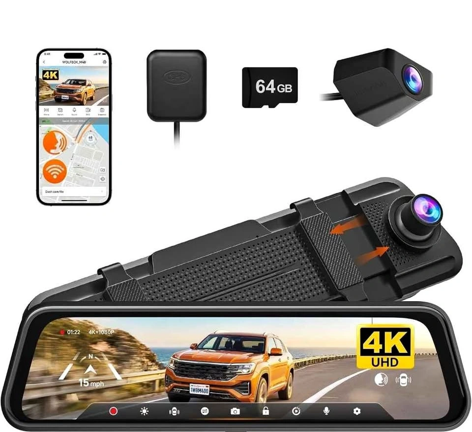 WOLFBOX 4K Mirror Dash Cam (Front & Rear) - 64GB Card Included -