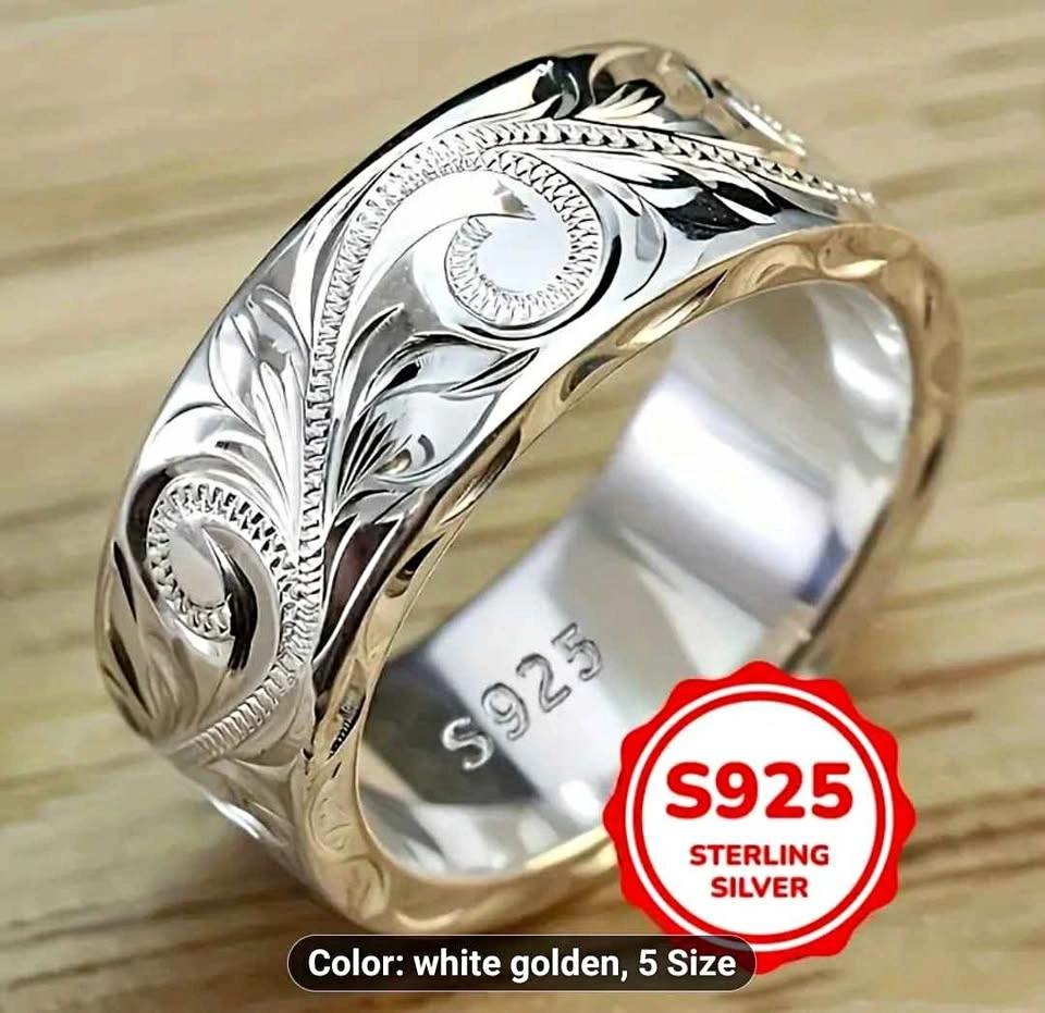925 Sterling Silver Wide Engraved Leaf Flowers Ring Band