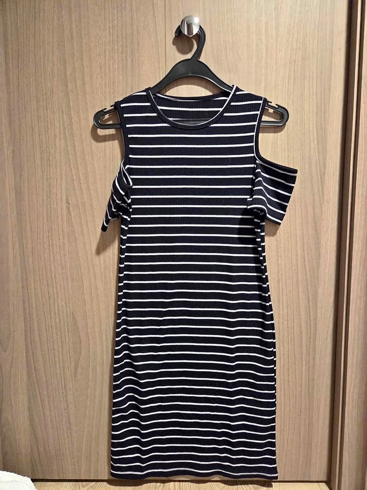 Navy Blue & White Striped Cold Shoulder Dress