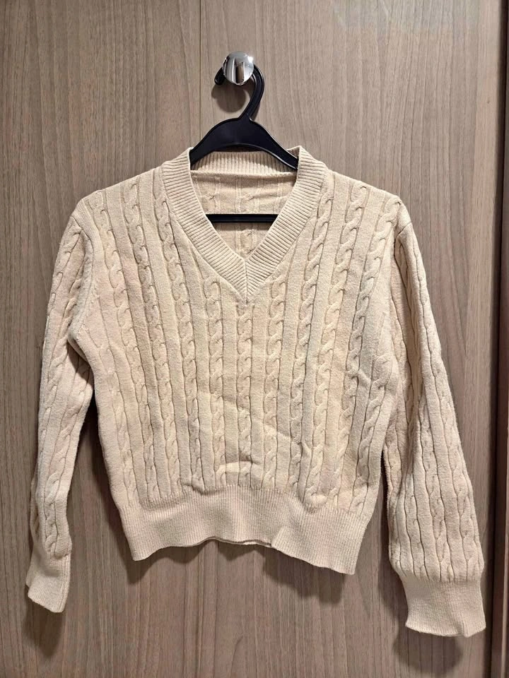 Cozy Cream V-Neck Cable Knit Sweater